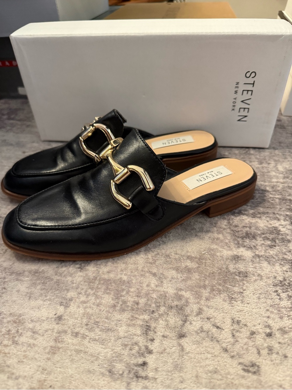 STEVEN New York Black Leather Mule with Gold-Tone Buckle